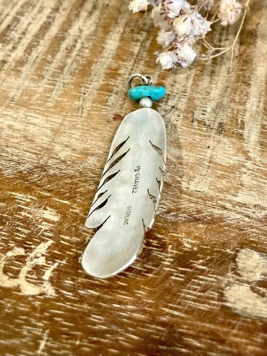 Vintage Sterling Silver HJ Chavez Signed Feather Pendant with Turquoise Accent - Picture 8 of 12